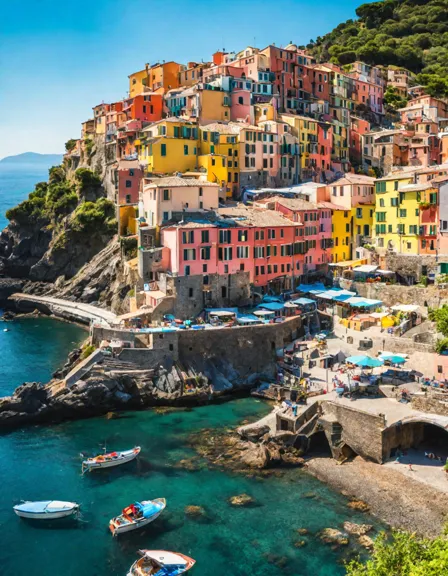 coloring book illustration showcasing the colorful houses of cinque terre on the italian riviera coast in color