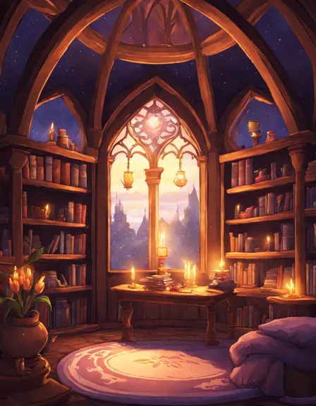 princess lily's secret tower room coloring book image with a magical night sky ceiling and potion desk in color