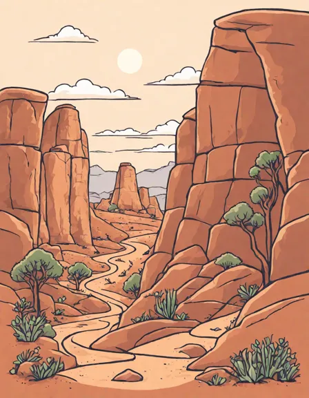 coloring page featuring a dry riverbed with rock formations, desert wildflowers, and petroglyphs in color