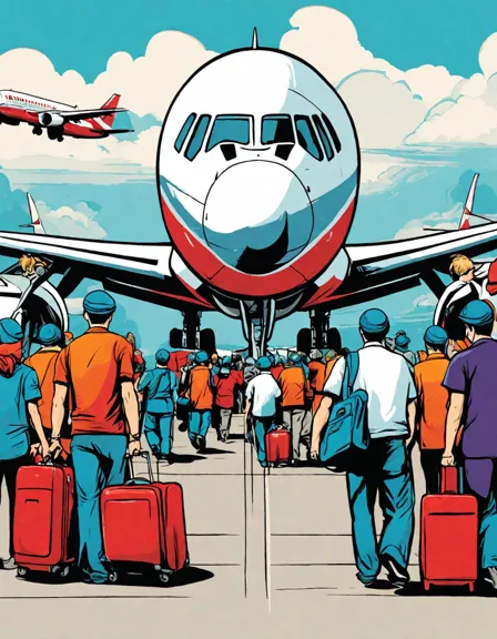 Coloring book image of passengers queuing to board a boeing dreamliner at the gate, with ground crew and pilots preparing for takeoff in color