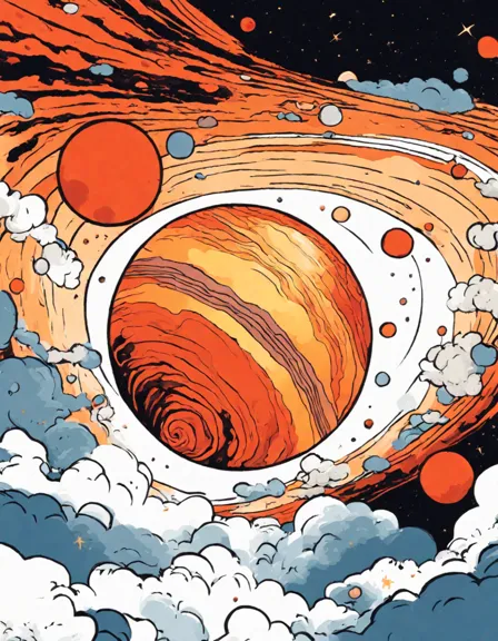 coloring book illustration of jupiter with great red spot and swirling storms, inviting exploration of intricate patterns and movements in the planet's atmosphere in color