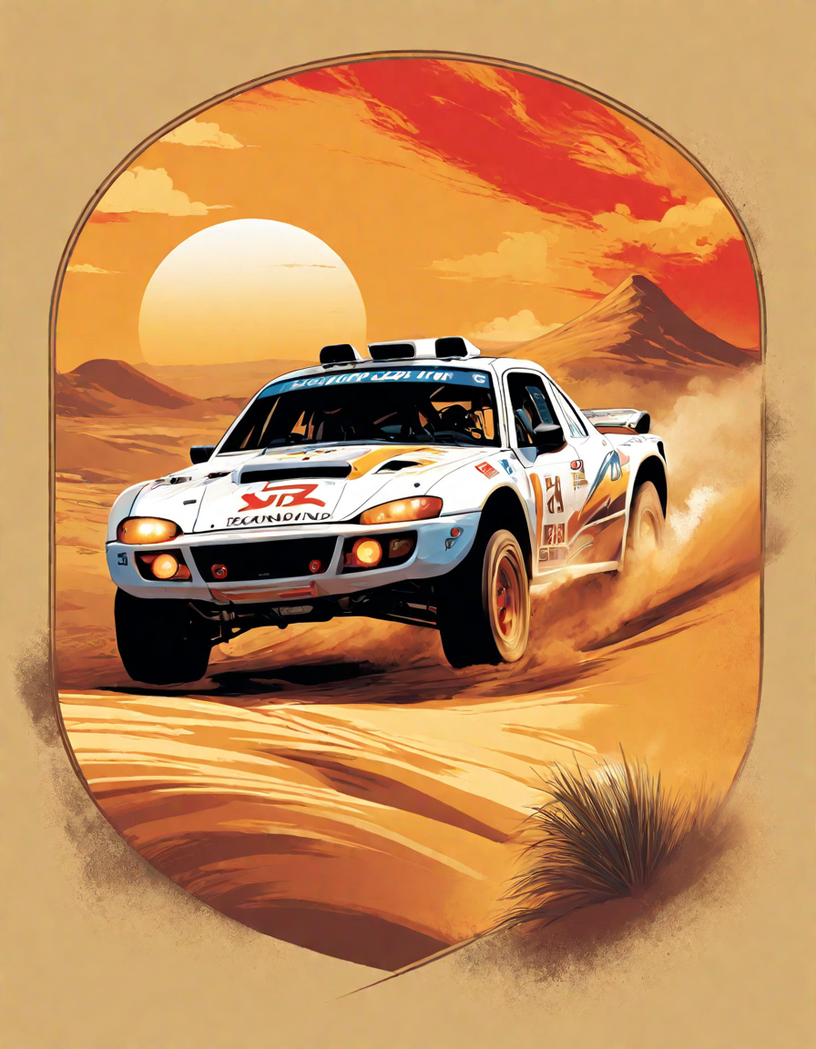 coloring page of race cars and trucks in a desert rally, highlighting intense racing action and detailed vehicle designs in color