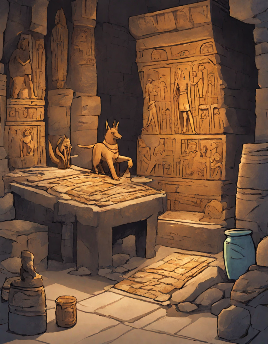 coloring book page of egyptian mummification in an embalming chamber with hieroglyphs and anubis in color
