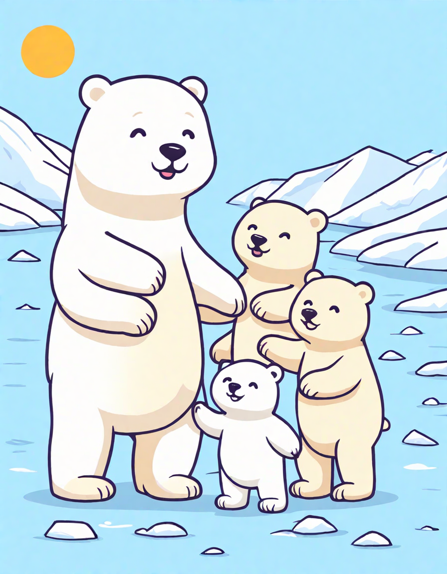 coloring book image of a polar bear mother with cubs in an icy arctic landscape in color