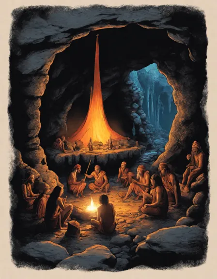Coloring book image of prehistoric cavemen gather around a roaring fire, sharing stories and food, their faces illuminated by the flickering flames in color