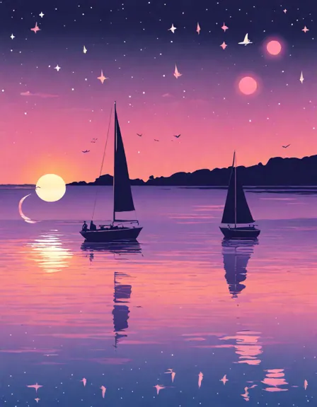 Coloring book image of sunset over ocean with sailboat silhouettes and starry sky in color