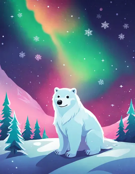 Coloring book image of ethereal aurora borealis illuminates frozen arctic tundra with magical colors of emerald, crimson, and violet under a starry night in color