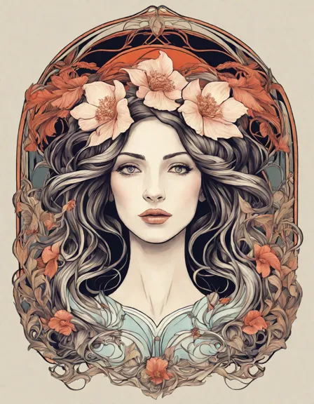 art nouveau coloring page features an intricate portrait of a woman with graceful floral-adorned hair and a captivating gaze in color