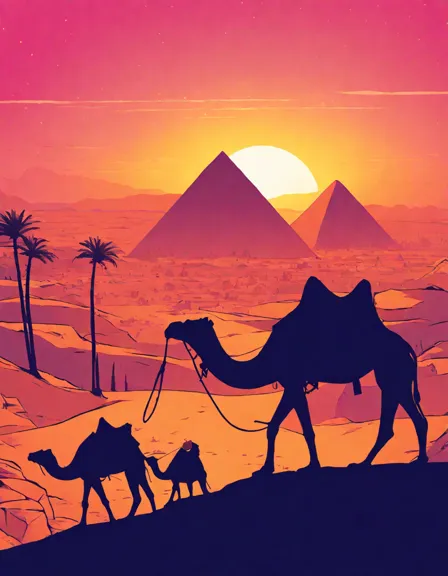 great pyramids of giza silhouette against a colorful sunset, camels and explorers in the egyptian desert for a relaxing coloring experience in color