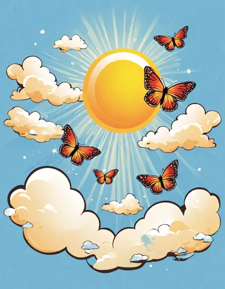 coloring book page featuring a group of bright, cartoonish butterflies fluttering in the sun on a blue sky background in color