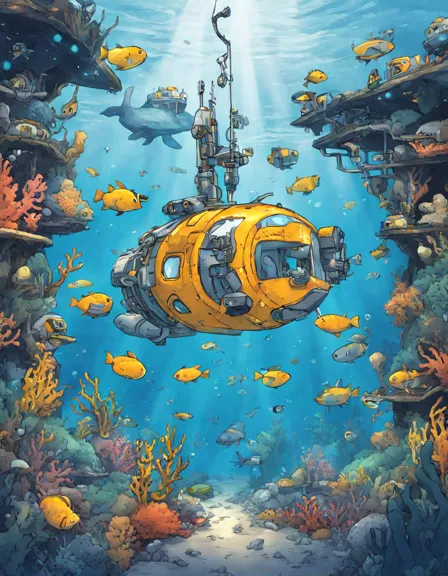robotic submarines exploring coral reefs and marine life in an underwater coloring scene in color