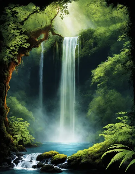 tranquil forest waterfall with mossy cliff and sun-dappled pool, surrounded by ancient trees - a peaceful adult coloring book illustration in color