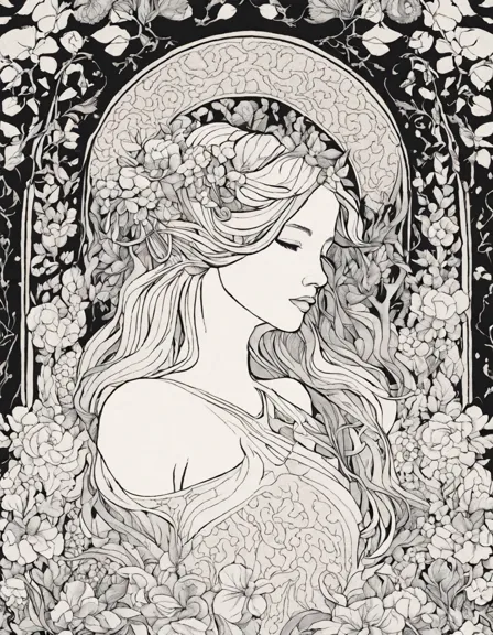 art nouveau coloring page with flowing lines, organic motifs, and textile designs in color