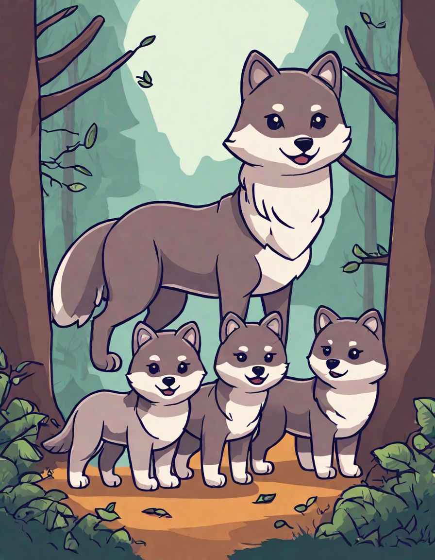 coloring page of a wolf pack journeying through a twilight forest, led by the alpha in color