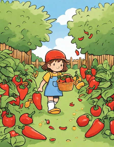 coloring page featuring peter piper picking peppers in a vibrant garden in color