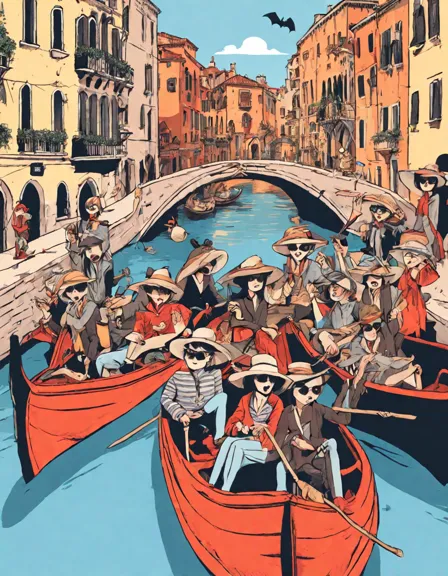 whimsical coloring book scene of vampires in gondolier outfits paddling through venice canals in color