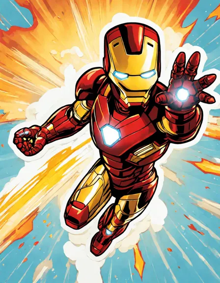 action-packed iron man coloring page with iconic repulsor blasts and rocket boots in color