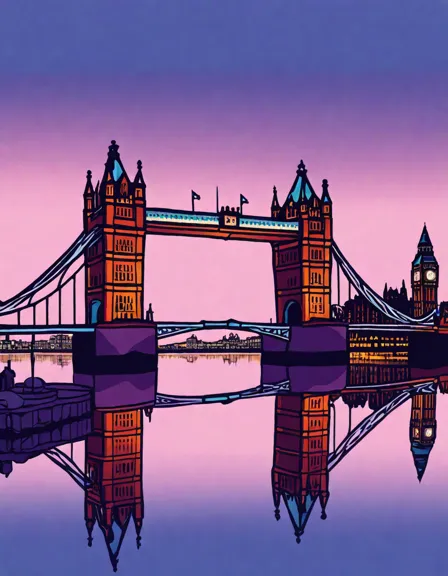 coloring page of tower bridge in london at sunset with reflection in thames river in color