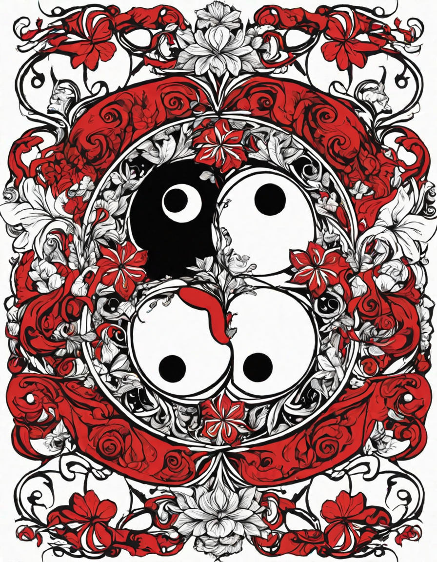 yin and yang symbol intricately surrounded by floral patterns in a coloring book illustration for meditation and creativity in color