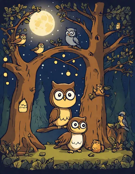Coloring book image of enchanting treehouse sleepover under a full moon with children, fairy lights, and owls in color