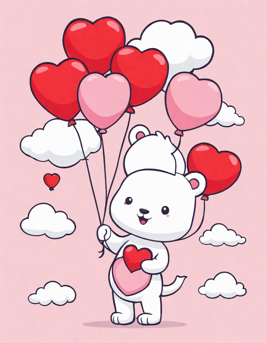 valentine's day coloring book image of heart-shaped balloons against clouds in color