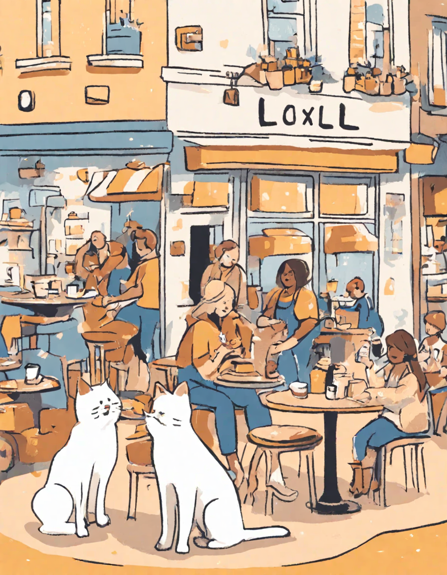 Coloring book image of bustling coffee shop with morning sun, laughing customers, and baristas crafting coffee in color