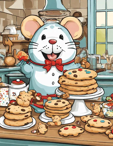 Coloring book image of whimsical kitchen scene featuring a giant glass cookie jar overflowing with cookies of various shapes and sizes. children can count from one to ten while discovering fun patterns and alongside cartoonish mice sneaking cookies from the jar in color