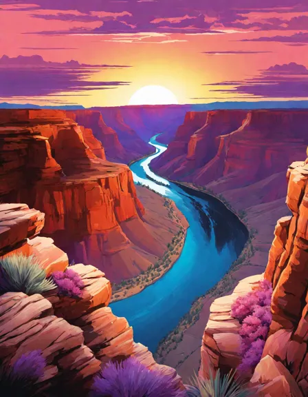grand canyon sunset coloring page with vibrant hues and colorado river details in color