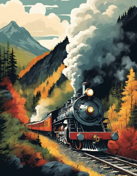 coloring page of a steam train on a mountain pass, with cliffs, forests, and smoke details in color