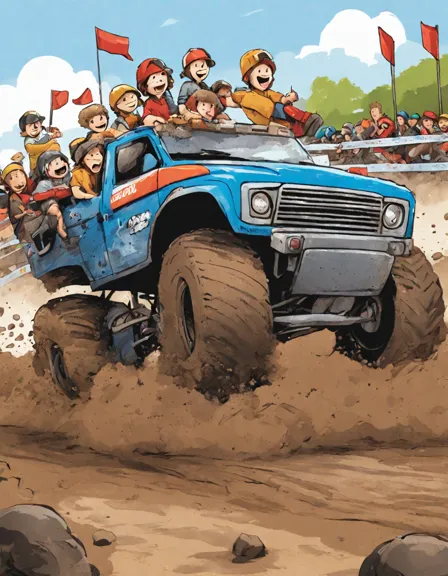Coloring book image of mud racing: the dirty challenge with trucks racing & fans cheering in the background in color
