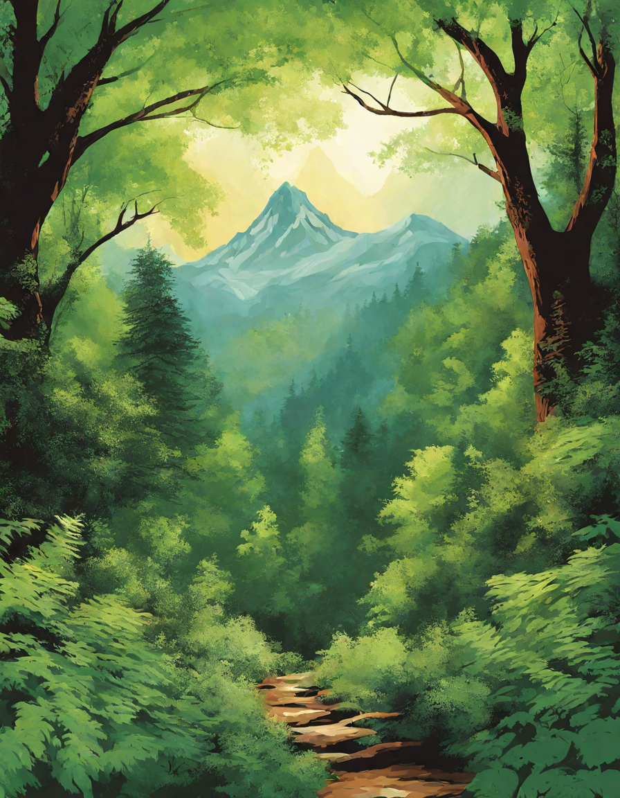 nature scene coloring page with mountains, trees, and forest floor in color
