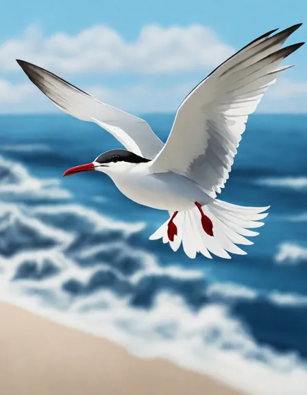 Coloring book image of arctic tern gliding with spread wings over cerulean sky and rolling waves in color