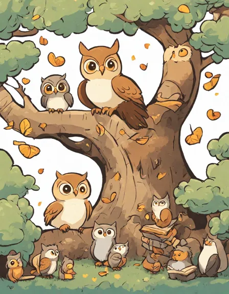 enchanted coloring page of talking animals in the kingdom of talking animals, with an owl perched on a tree and squirrels scampering through the forest in color