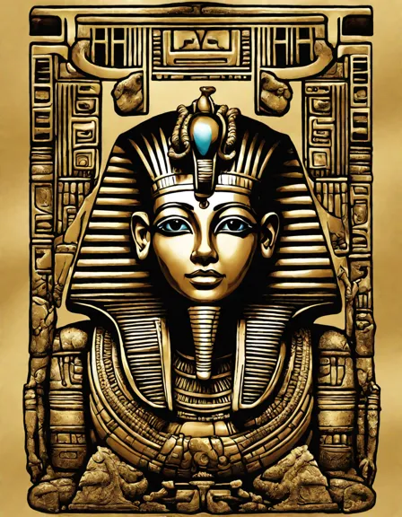 coloring page of tutankhamun's tomb with artifacts, jewelry, and hieroglyphs in color