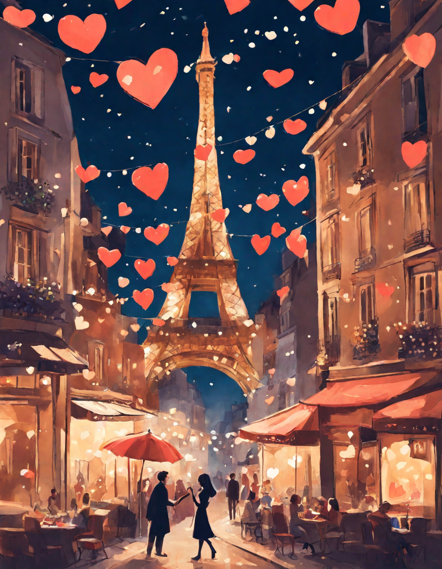 couple in paris with eiffel tower, hearts, and café on valentine's day for coloring book in color