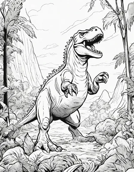 Coloring book image of tyrannosaurus rex and spinosaurus locked in battle in cretaceous jungle scene in color