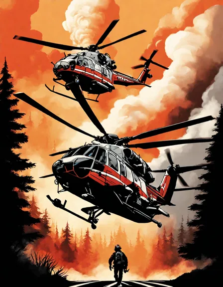 coloring book scene of firefighters in helicopters battling a wildfire from the air in color