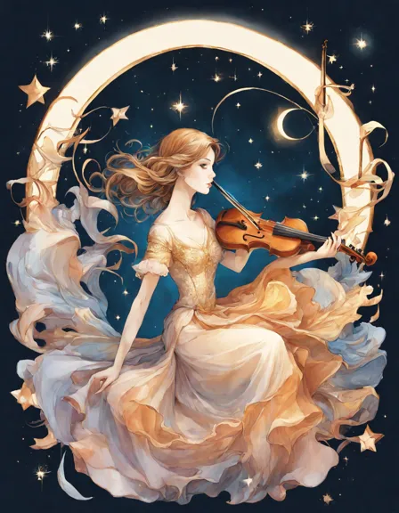 intricate coloring book page of musical instruments under a starry night sky in melodious symphony by moonlight in color