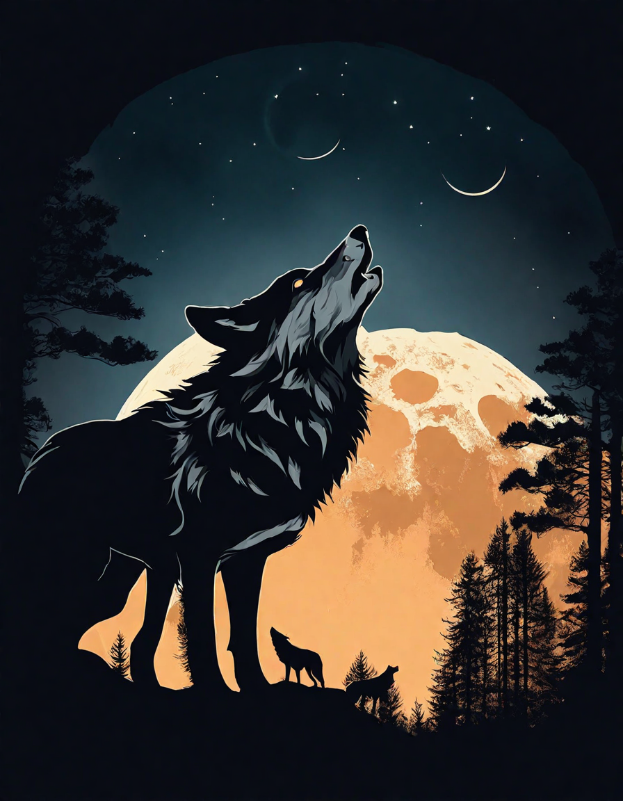 coloring book page of wolves howling on a rocky outcrop under a full moon, surrounded by pine trees in color