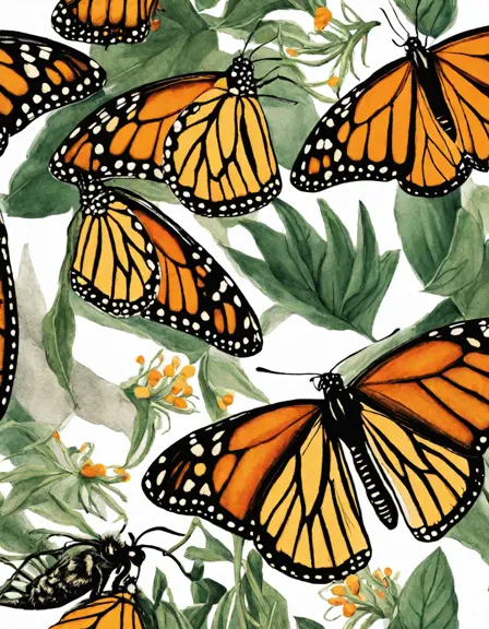 coloring book image featuring the lifecycle of a monarch butterfly, from egg to adult, with milkweed in color