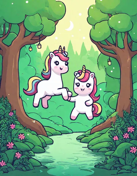 majestic unicorns in an enchanted forest coloring book image with twinkling lights in color