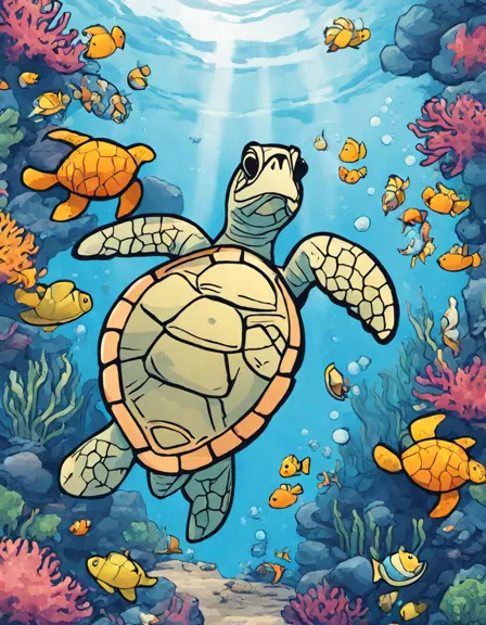 coloring page featuring sea turtles and fish in a vibrant seagrass meadow underwater in color