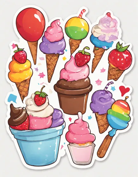 Coloring book image of children at ice cream sundae building party with colorful toppings and festive decorations in color