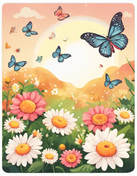 coloring book page with butterflies around flowers in sunlight, awaiting color in color