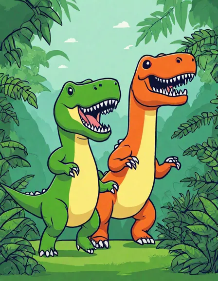 Coloring book image of tyrannosaurus rex chasing a velociraptor in a detailed, dense jungle scene with onlooking dinosaurs in color