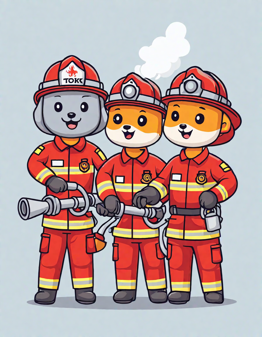 Coloring book image of firefighters preparing hose to battle blaze, reflecting teamwork and bravery in color