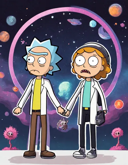 Coloring book image of rick and morty flee galactic federation ship in total rickall in color