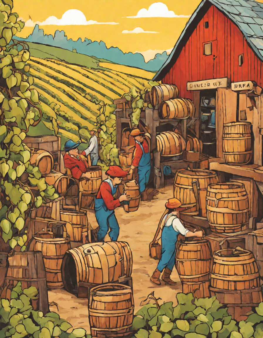 Coloring book image of whimsical winery scene featuring bustling workers, intricate barrels, and rows of filled bottles, showcasing the vibrant winemaking process in color