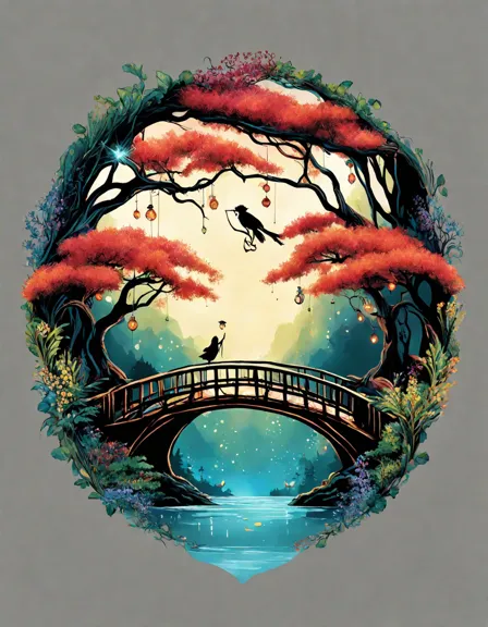 coloring page of garden bridges over elf streams in a magical, flora-rich realm in color