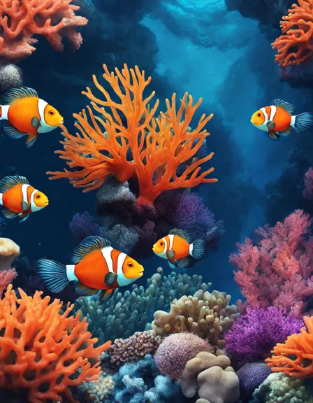 Coloring book image of colorful coral reef illustration with clownfish, seahorses, and turtle, inviting exploration of underwater ecosystem textures in color